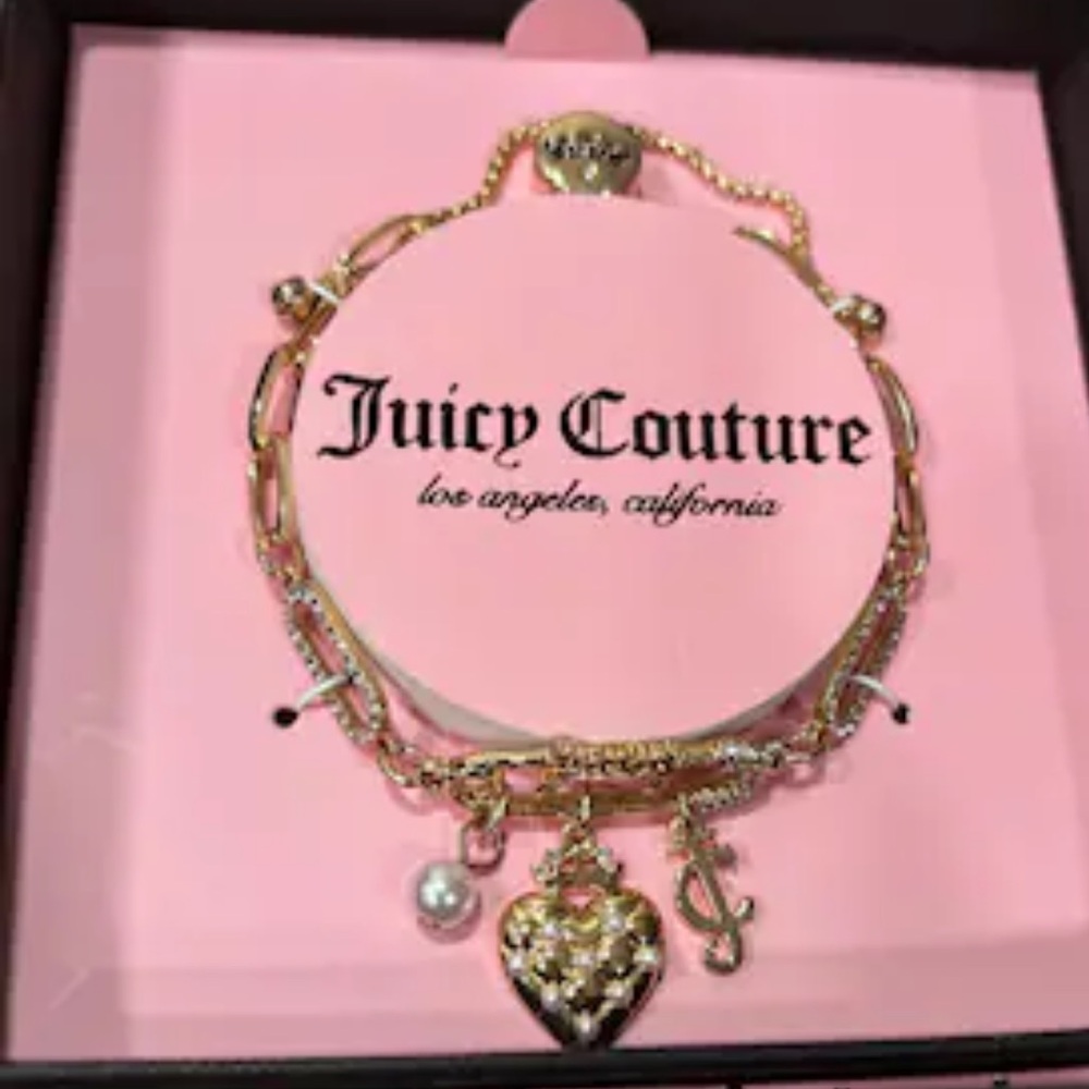 Juicy Couture Gold Logo Charm Heart Faux Pearl Bracelet